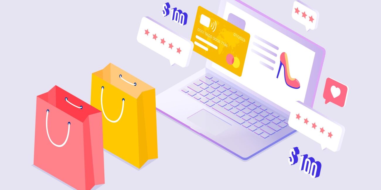 Illustration of online shopping showing a laptop displaying a high-heel shoe, floating credit card, and shopping icons such as five-star reviews, heart likes, and dollar signs, with two colorful shopping bags beside the laptop, representing e-commerce and digital purchases.
