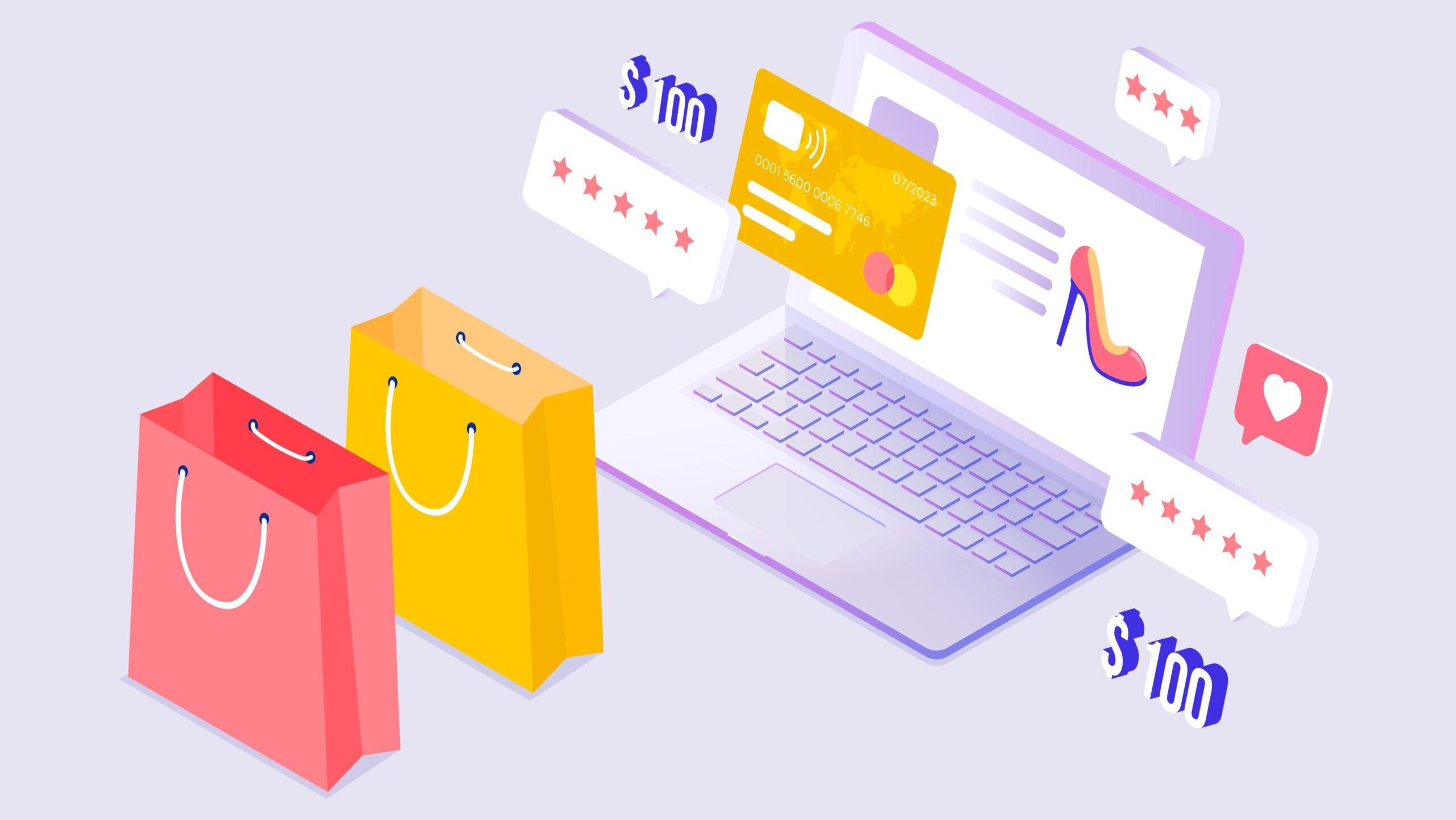 Illustration of online shopping showing a laptop displaying a high-heel shoe, floating credit card, and shopping icons such as five-star reviews, heart likes, and dollar signs, with two colorful shopping bags beside the laptop, representing e-commerce and digital purchases.