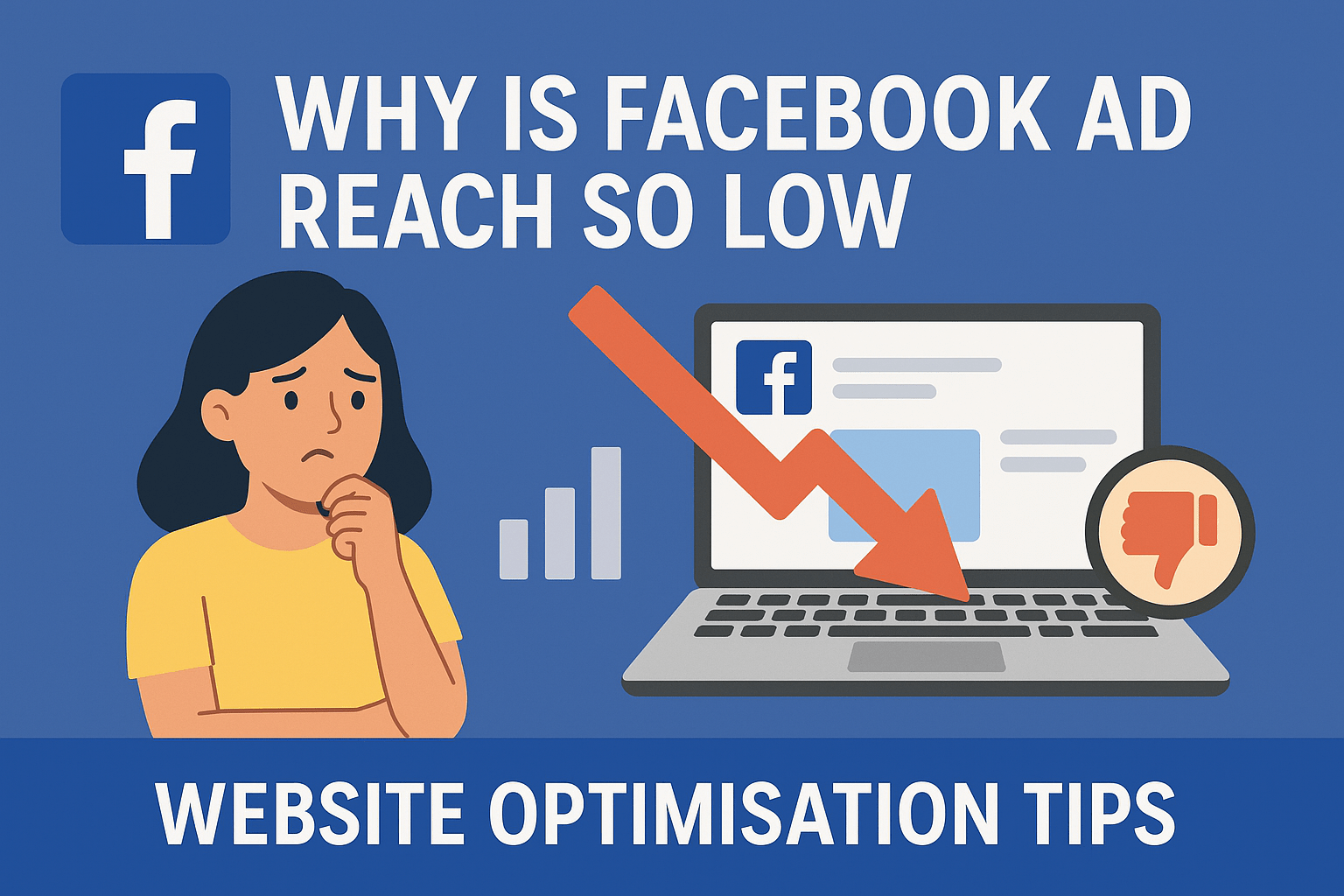 A digital illustration banner showing a concerned woman beside a laptop displaying a Facebook page, with a large red downward arrow and a thumbs-down icon symbolizing low ad reach. The title “Why Is Facebook Ad Reach So Low” appears at the top, and “Website Optimisation Tips” is highlighted at the bottom on a blue background.