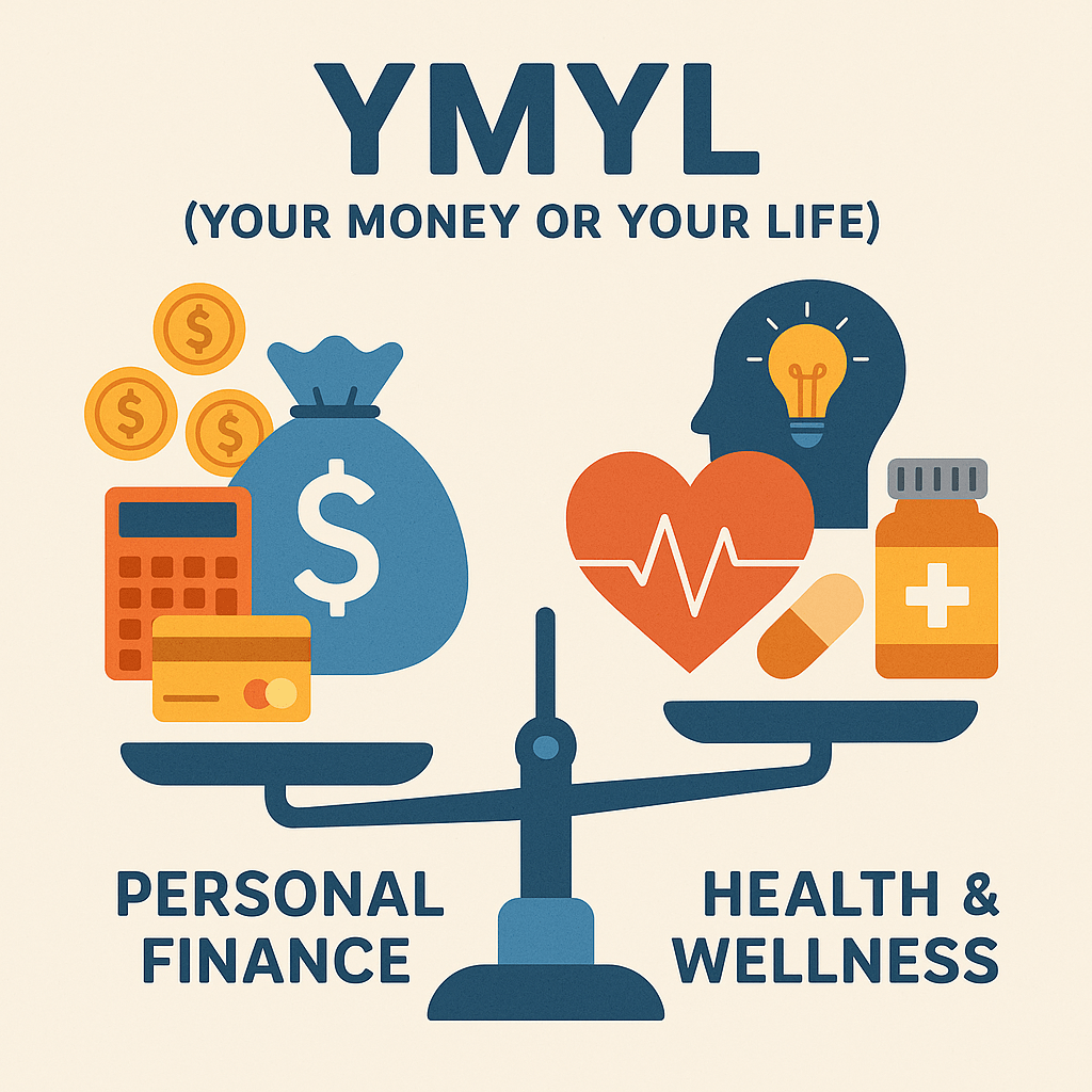 An educational infographic illustrating the concept of YMYL (Your Money or Your Life). It shows a balanced scale with icons representing personal finance on one side — a money bag, calculator, credit card, and coins — and health and wellness on the other — a heart, medicine bottle, pill, and light bulb. The image highlights that YMYL content affects people’s financial stability and health, requiring high trust and accuracy.