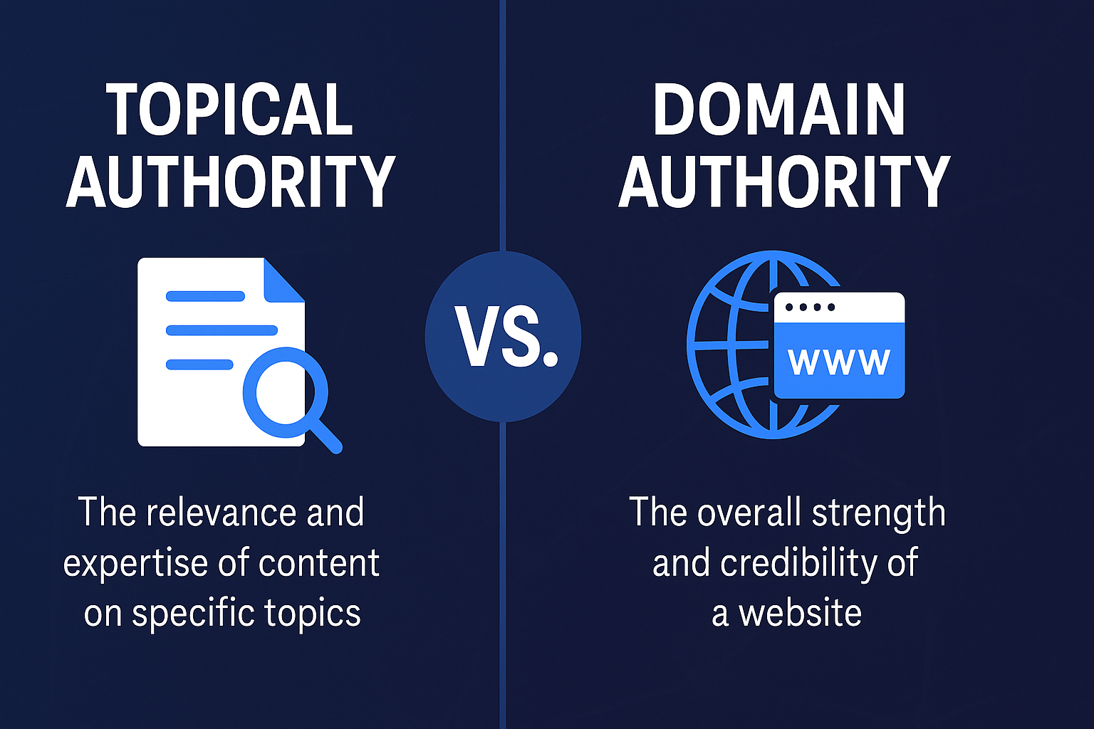 Infographic comparing Topical Authority vs Domain Authority. Left side shows content relevance and expertise; right side shows website credibility and backlink strength, with blue and purple Webzilla design.