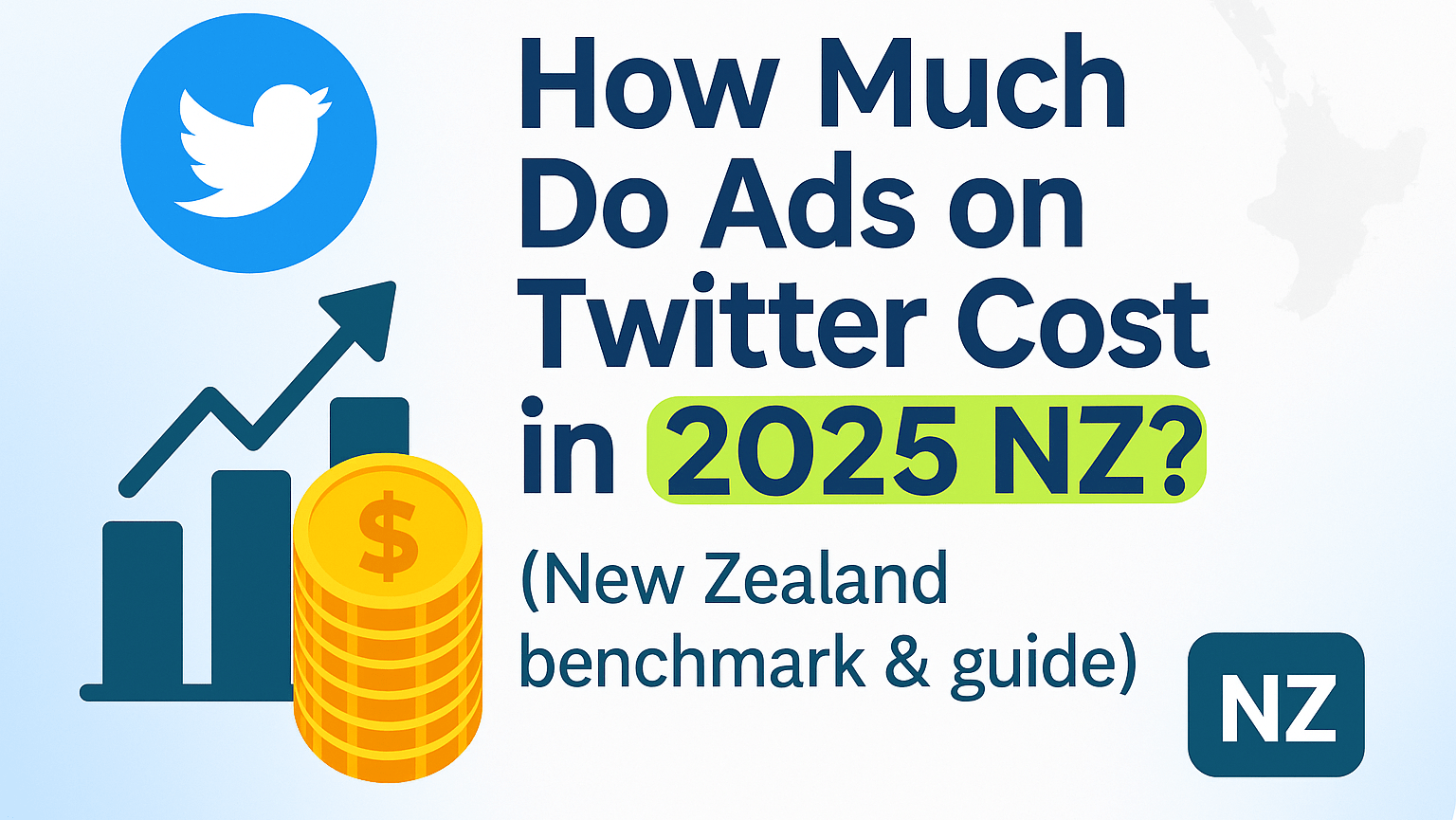Banner image for blog post titled ‘How Much Do Ads on Twitter Cost in 2025 NZ?’ featuring the Twitter logo, stacked gold coins, and an upward graph arrow symbolizing rising advertising costs. The text highlights ‘2025 NZ’ in green, with a faint outline of New Zealand in the background, designed in clean blue and white tones
