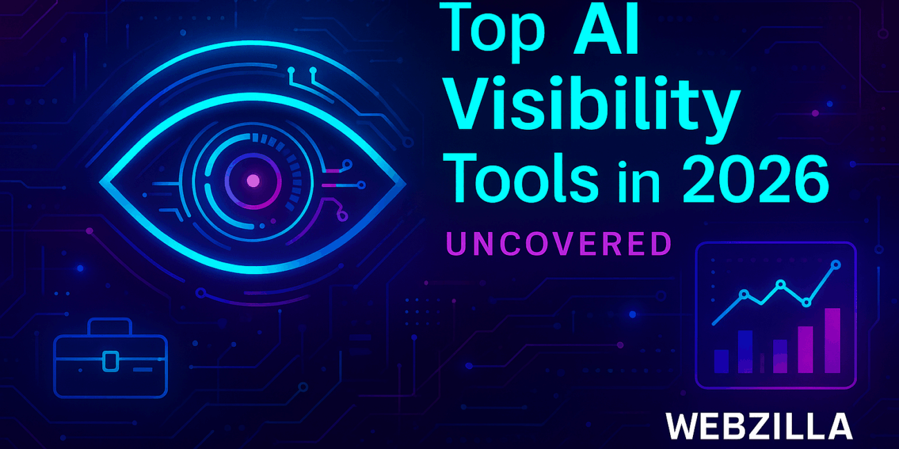 Futuristic neon banner showing a glowing digital eye, data dashboard, and text “Top AI Visibility Tools in 2026 Uncovered,” styled in cyberpunk blue and purple tones with Webzilla branding.