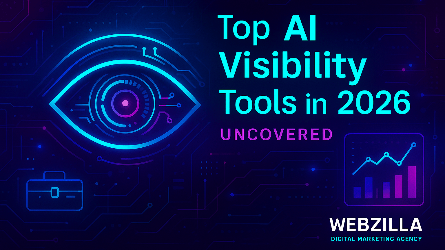 Futuristic neon banner showing a glowing digital eye, data dashboard, and text “Top AI Visibility Tools in 2026 Uncovered,” styled in cyberpunk blue and purple tones with Webzilla branding.