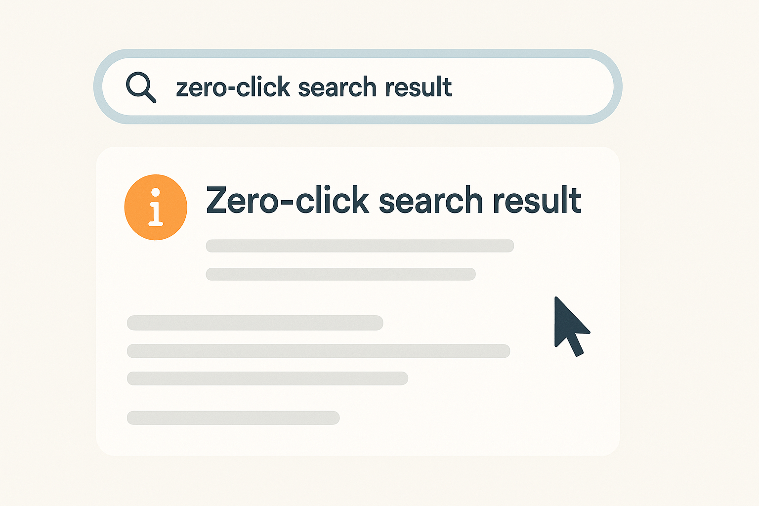 A minimalist digital illustration of a Google-style search results page showing a zero-click search result. The design includes a search bar with the text “zero-click search result,” an information box displaying the answer directly, and a large cursor icon. The layout emphasizes how users can get answers instantly without clicking any links.