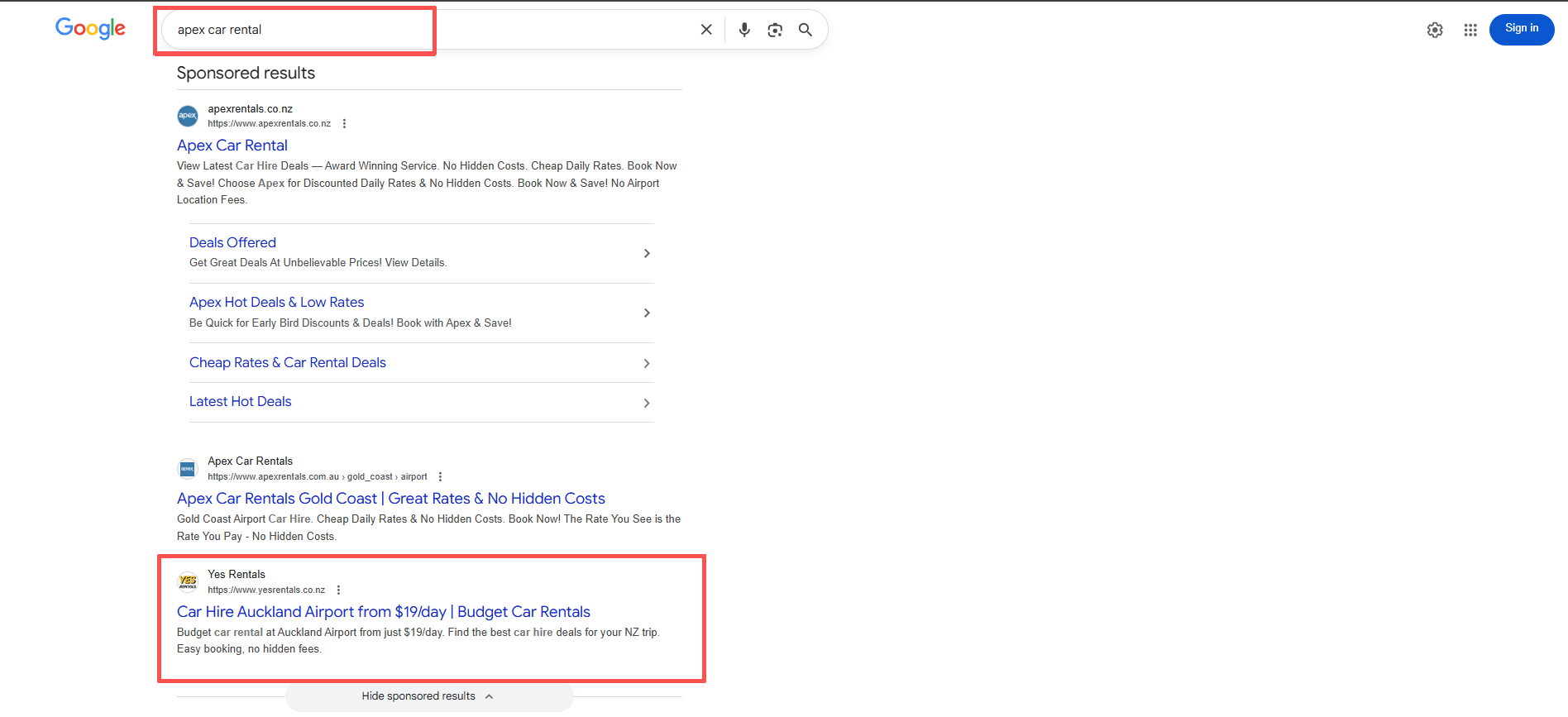 A Google search results page showing the query “apex car rental” highlighted in the search bar. The top sponsored result belongs to Apex Car Rental’s official website, while a lower sponsored ad from “Yes Rentals” appears beneath it, offering “Car Hire Auckland Airport from $19/day.” The image illustrates competitor bidding on branded keywords in Google Ads.