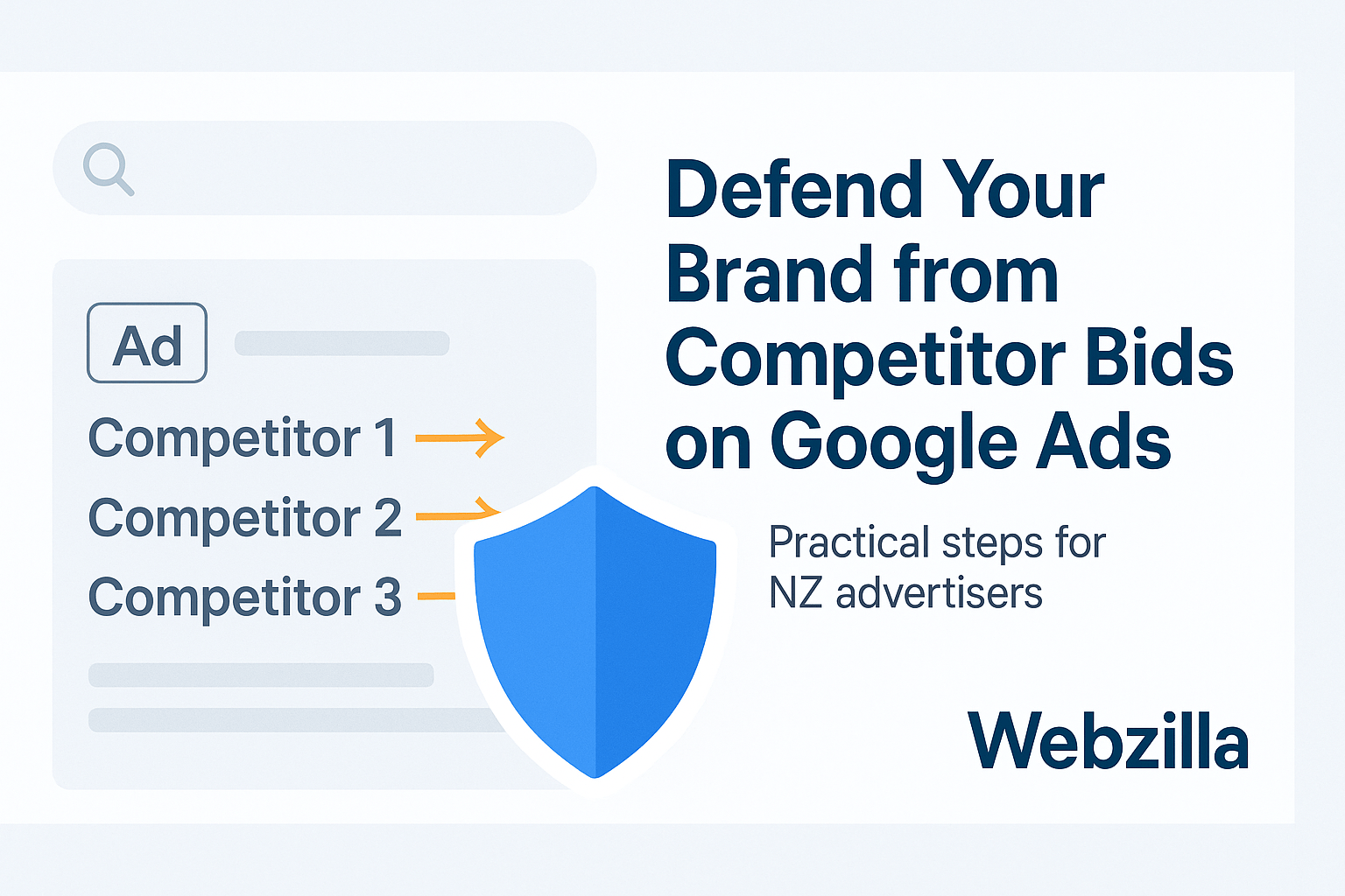 digital banner showing a Google search results interface on the left with ads labeled “Competitor 1,” “Competitor 2,” and “Competitor 3,” each pointing right toward a large blue shield icon. On the right, bold navy text reads “Defend Your Brand from Competitor Bids on Google Ads” with a subtitle “Practical steps for NZ advertisers,” and the Webzilla logo appears at the bottom right.