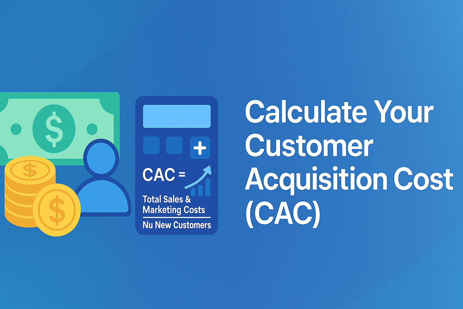 Banner image illustrating Customer Acquisition Cost (CAC) with icons of money, coins, a customer silhouette, and a calculator showing the CAC formula, next to the title ‘Calculate Your Customer Acquisition Cost (CAC)’ on a blue gradient background.