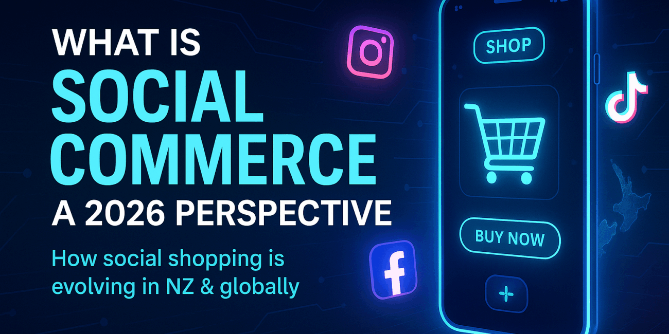 A futuristic digital banner showing the title “What Is Social Commerce: A 2026 Perspective” beside a glowing smartphone with shopping cart and “Buy Now” icons. Floating Instagram, TikTok, and Facebook logos highlight the theme of social-media-driven shopping, with a neon blue and purple tech background.