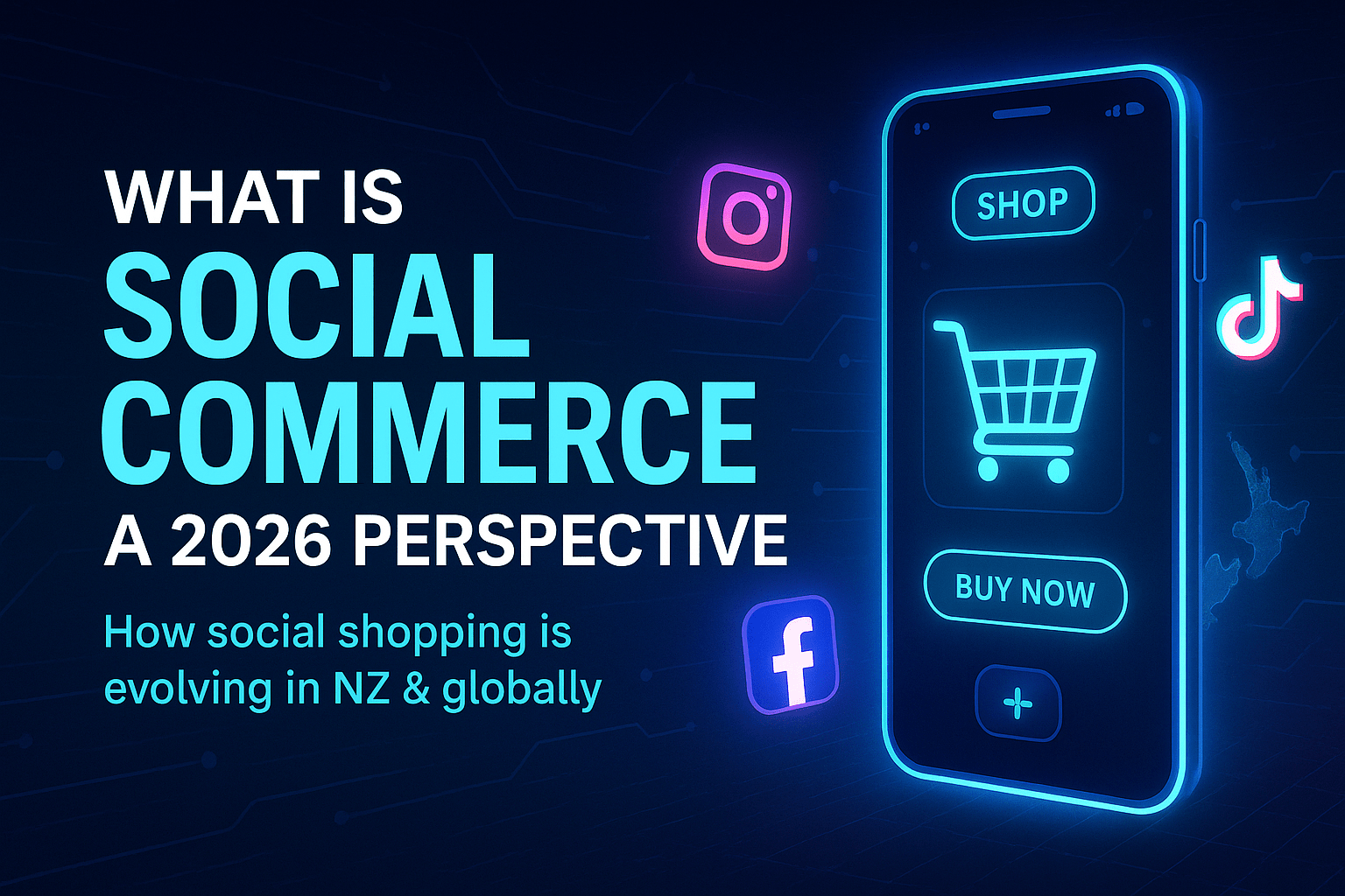 A futuristic digital banner showing the title “What Is Social Commerce: A 2026 Perspective” beside a glowing smartphone with shopping cart and “Buy Now” icons. Floating Instagram, TikTok, and Facebook logos highlight the theme of social-media-driven shopping, with a neon blue and purple tech background.