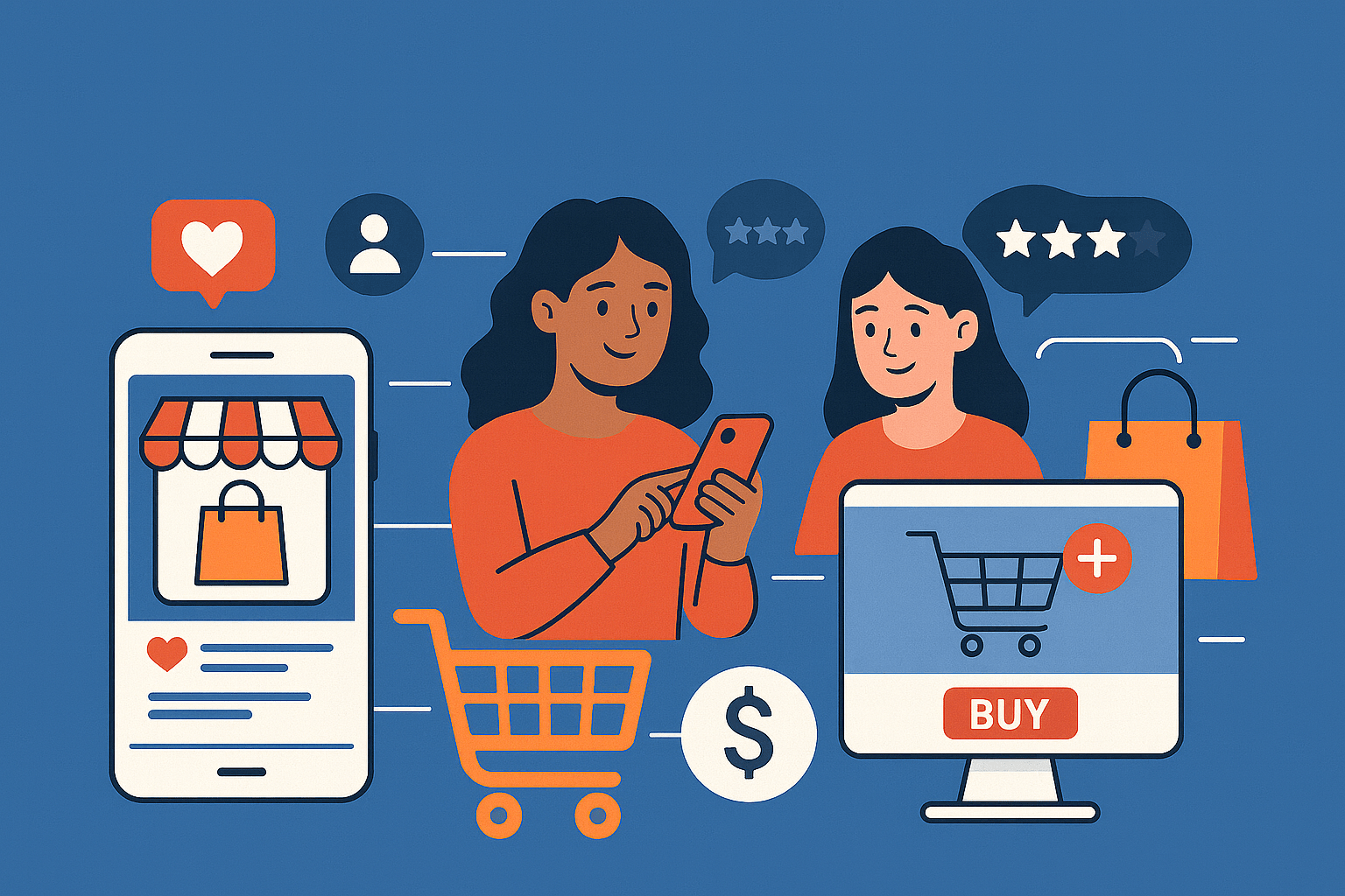 A flat-style illustration showing two women using a smartphone and computer to shop online, surrounded by social media icons, a shopping cart, a mobile storefront, rating bubbles, and a shopping bag, visually representing how social interactions connect directly to online purchasing