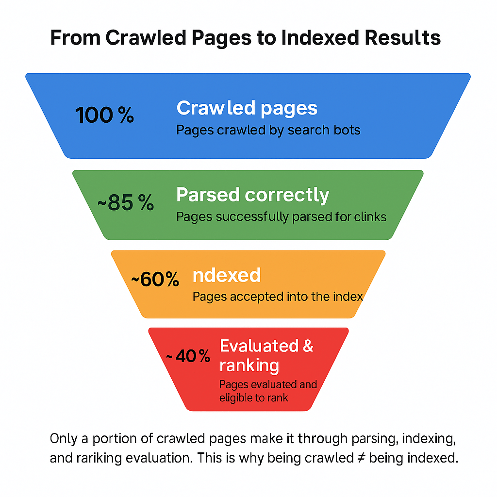 Funnel chart titled 'From Crawled Pages to Indexed Results.' Four layers show decreasing percentages: 100% crawled pages, 85% parsed correctly, 60% indexed, and 40% evaluated and eligible to rank. The diagram illustrates that being crawled does not guarantee being indexed or ranked.