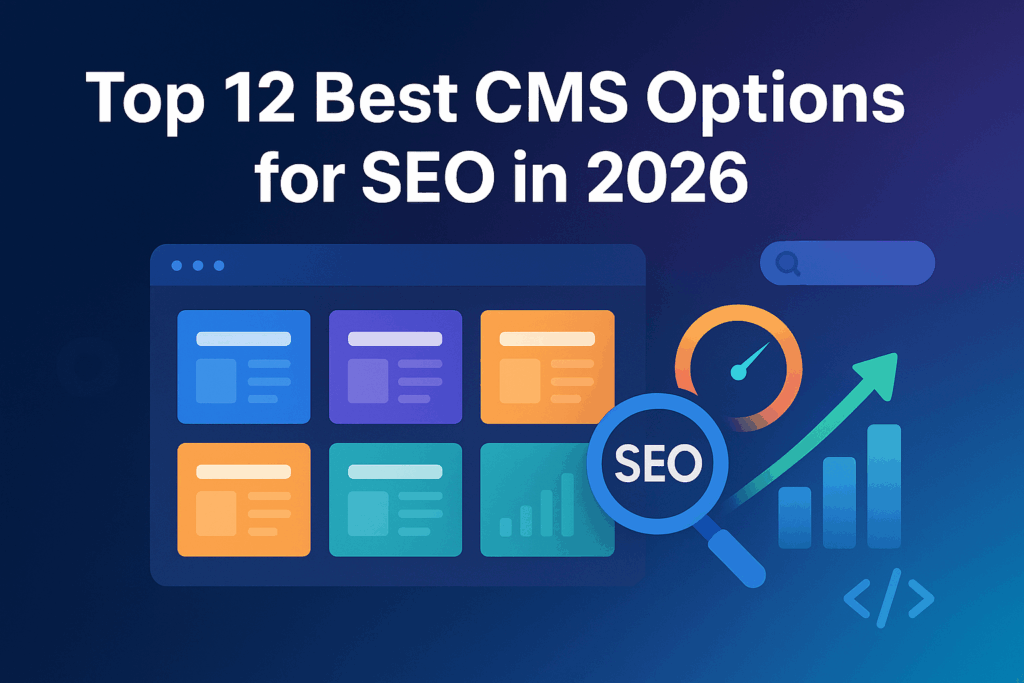 Banner image showing a modern CMS dashboard with colorful content blocks, SEO icons, analytics charts, and a magnifying glass symbolizing search optimization, with the headline ‘Top 12 Best CMS Options for SEO in 2026’ on a blue-purple gradient background