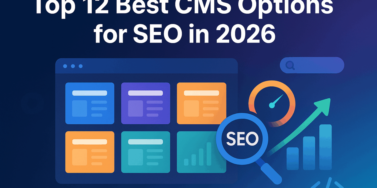 Banner image showing a modern CMS dashboard with colorful content blocks, SEO icons, analytics charts, and a magnifying glass symbolizing search optimization, with the headline ‘Top 12 Best CMS Options for SEO in 2026’ on a blue-purple gradient background