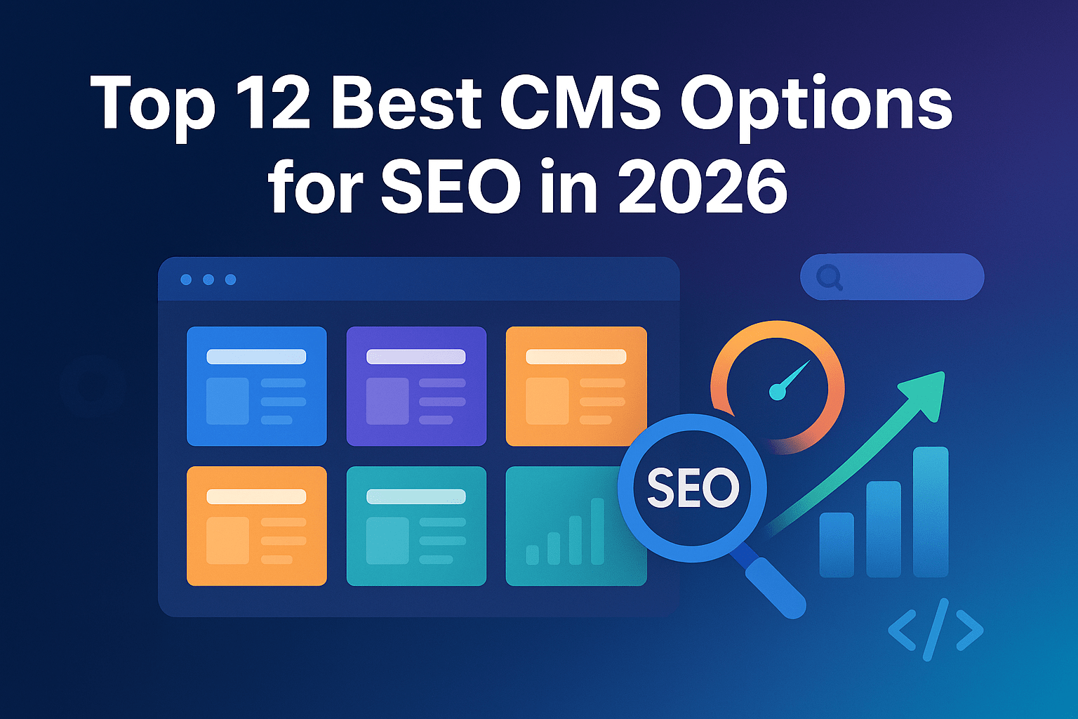 Banner image showing a modern CMS dashboard with colorful content blocks, SEO icons, analytics charts, and a magnifying glass symbolizing search optimization, with the headline ‘Top 12 Best CMS Options for SEO in 2026’ on a blue-purple gradient background