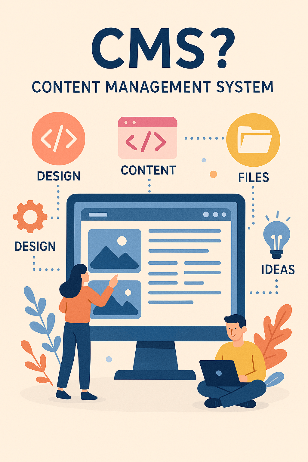 A flat-design illustration explaining what a CMS (Content Management System) is. A large computer screen displays a webpage layout with images and text. Around it are icons labeled Design, Content, Files, and Ideas, representing the core functions of a CMS. Two characters interact with the screen, one pointing at the content and another using a laptop.