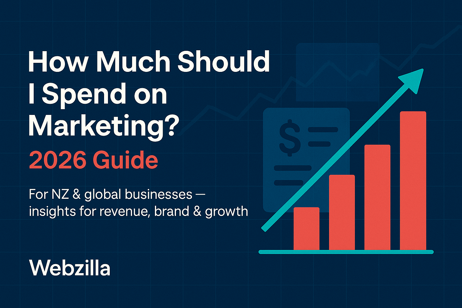 Banner image for Webzilla’s 2026 marketing budget guide featuring a dark blue background, bold headline ‘How Much Should I Spend on Marketing? 2026 Guide,’ and a graphic with rising bar chart and upward arrow symbolizing growth.