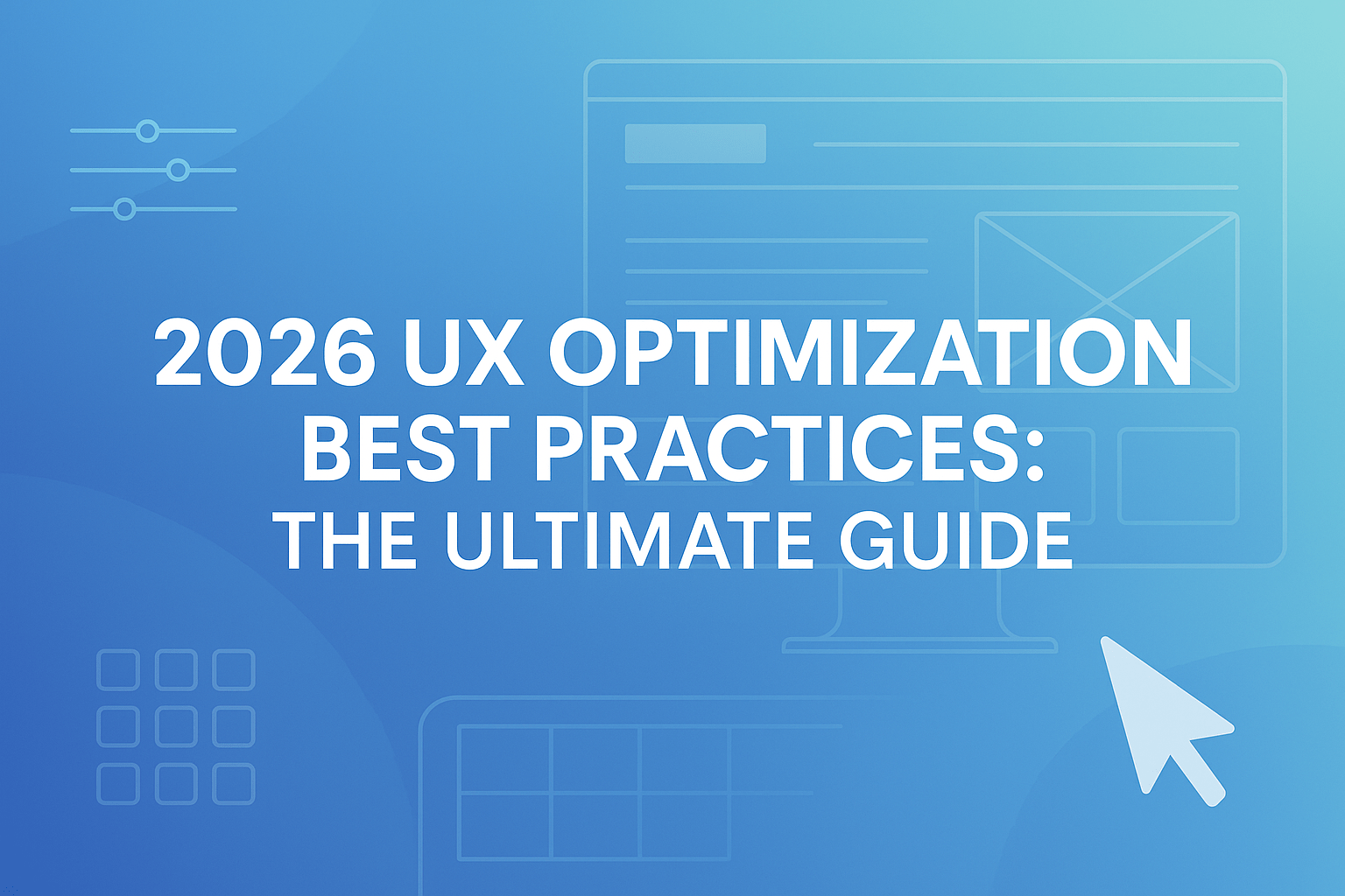 A modern blue-gradient UX design banner featuring minimalist wireframe interface elements, sliders, a cursor icon, and the bold title “2026 UX Optimization Best Practices: The Ultimate Guide” centered in white text.