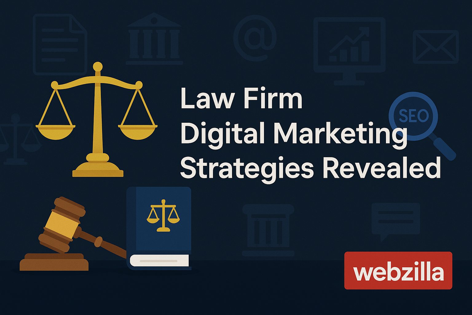 Banner image for Webzilla blog titled ‘Law Firm Digital Marketing Strategies Revealed,’ featuring golden scales of justice, a gavel, and a law book on a dark navy background with SEO and digital marketing icons. The Webzilla logo appears in red at the bottom right corner