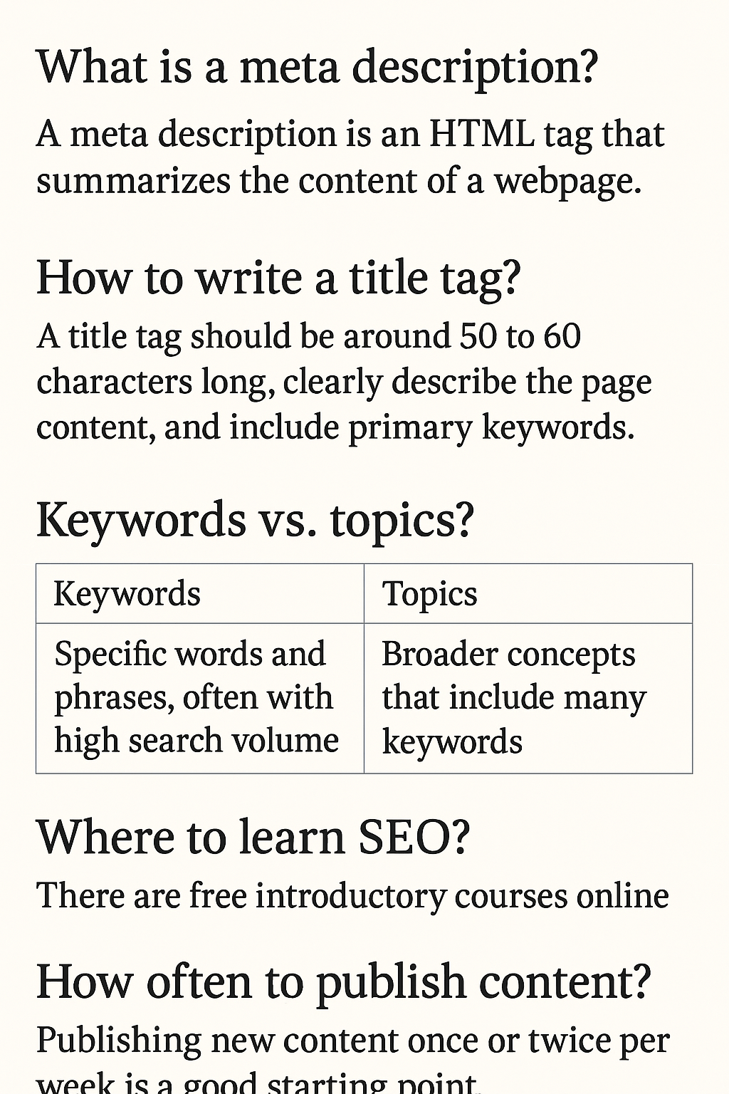 ChatGPT said:

Abstract infographic illustrating the Answer Engine Optimization (AEO) content structure, showing labeled sections such as “Question Heading,” “Short Answer,” “Supporting Details,” “Bullet Points,” and “Compact Table” arranged in a clean, geometric layout with minimal icons and modern light design to visualize content formatting flow.