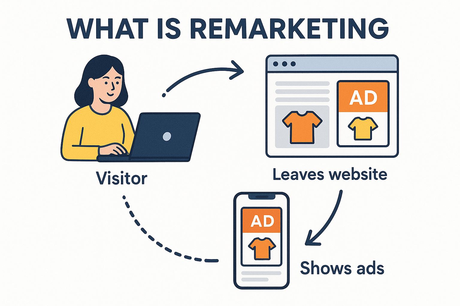 An infographic explaining remarketing: a person browses a website, leaves, and later sees ads for the same product on their phone, illustrating the remarketing process.