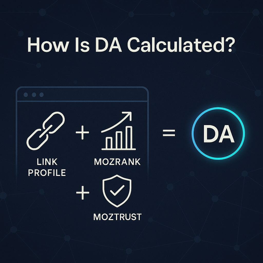Infographic explaining how Domain Authority is calculated, showing icons for link profile, MozRank, and MozTrust inside a browser-style frame. These elements are visually added together and lead to a glowing ‘DA’ circle on the right, all on a dark network-pattern background.