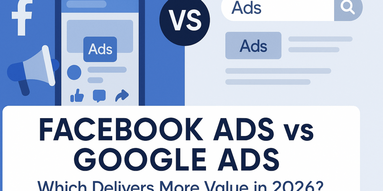 Split-screen banner comparing Facebook Ads and Google Ads in 2026, showing social media advertising on the left and search advertising on the right, highlighting which platform delivers more value.