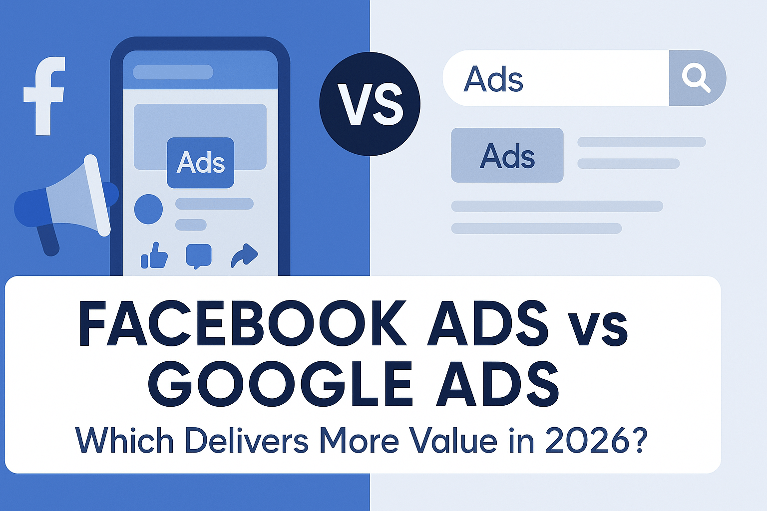 Split-screen banner comparing Facebook Ads and Google Ads in 2026, showing social media advertising on the left and search advertising on the right, highlighting which platform delivers more value.
