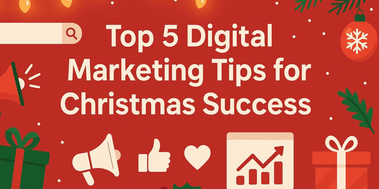 A festive red Christmas-themed digital banner featuring the title “Top 5 Digital Marketing Tips for Christmas Success” in bold white text, surrounded by Christmas lights, ornaments, gift boxes, holly, and digital marketing icons such as a search bar, megaphone, thumbs-up, heart, and analytics chart.