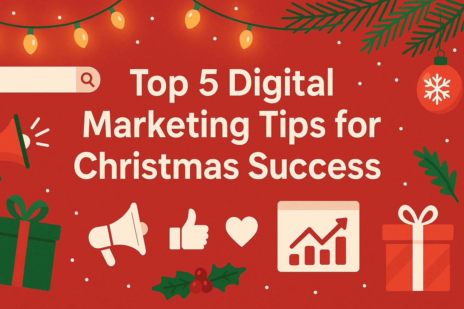 A festive red Christmas-themed digital banner featuring the title “Top 5 Digital Marketing Tips for Christmas Success” in bold white text, surrounded by Christmas lights, ornaments, gift boxes, holly, and digital marketing icons such as a search bar, megaphone, thumbs-up, heart, and analytics chart.