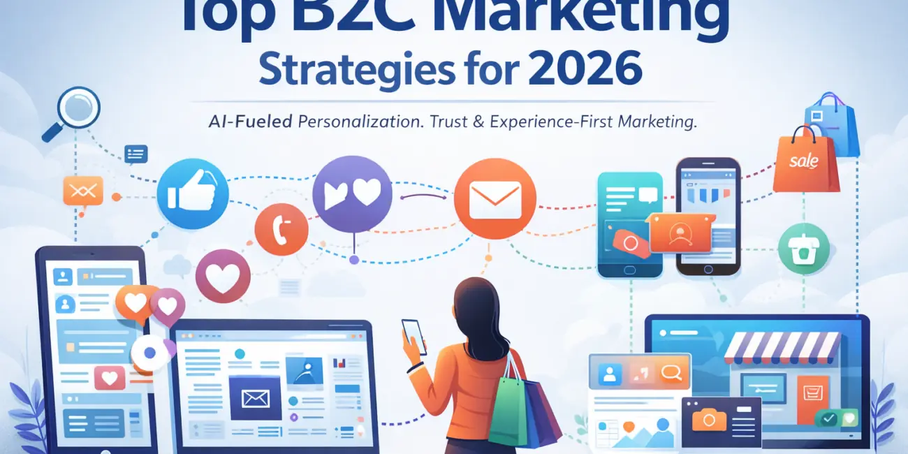 Illustration of an omnichannel B2C marketing journey for 2026, showing a consumer using a smartphone while connected digital touchpoints such as social media, email marketing, e-commerce websites, mobile apps, and online shopping platforms represent modern B2C marketing strategies