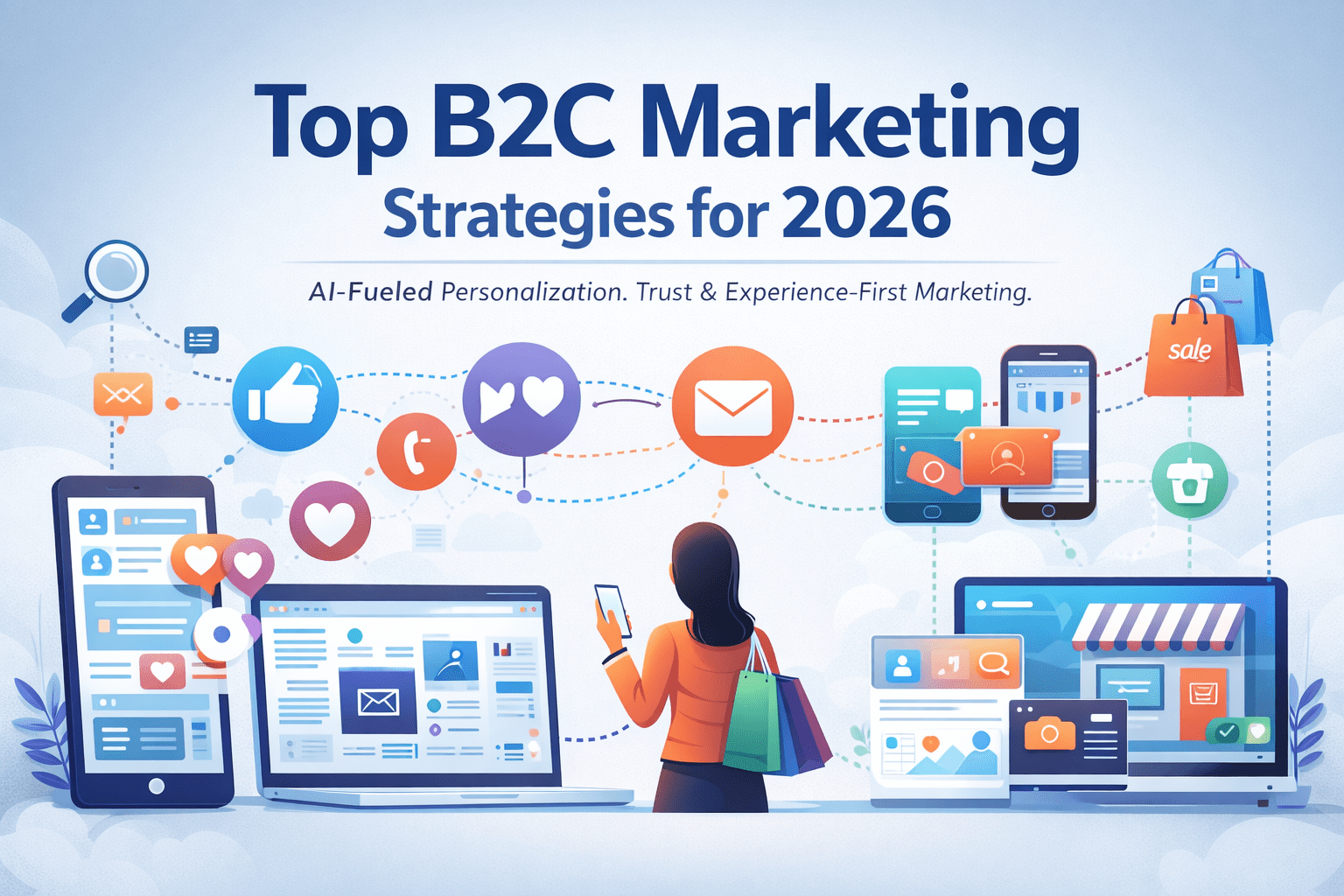 Illustration of an omnichannel B2C marketing journey for 2026, showing a consumer using a smartphone while connected digital touchpoints such as social media, email marketing, e-commerce websites, mobile apps, and online shopping platforms represent modern B2C marketing strategies