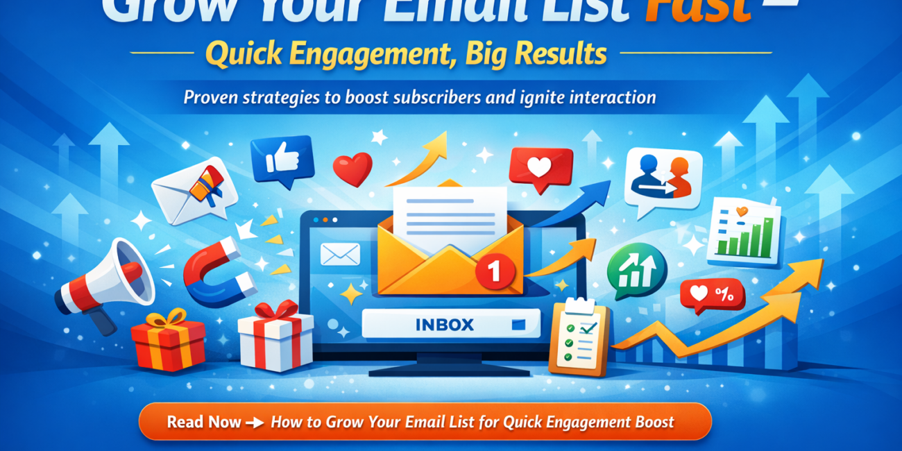 Banner image illustrating email list growth, featuring an inbox with a new message notification, upward arrows, engagement icons, and analytics symbols, representing strategies to grow an email list quickly and boost subscriber engagement.