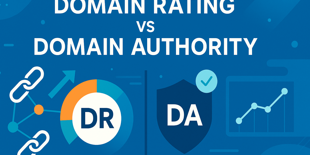 A blue digital banner comparing Domain Rating (DR) and Domain Authority (DA), featuring link icons, a DR metric gauge, a DA shield icon, and an analytics line graph to visually illustrate the differences between the two SEO metrics.