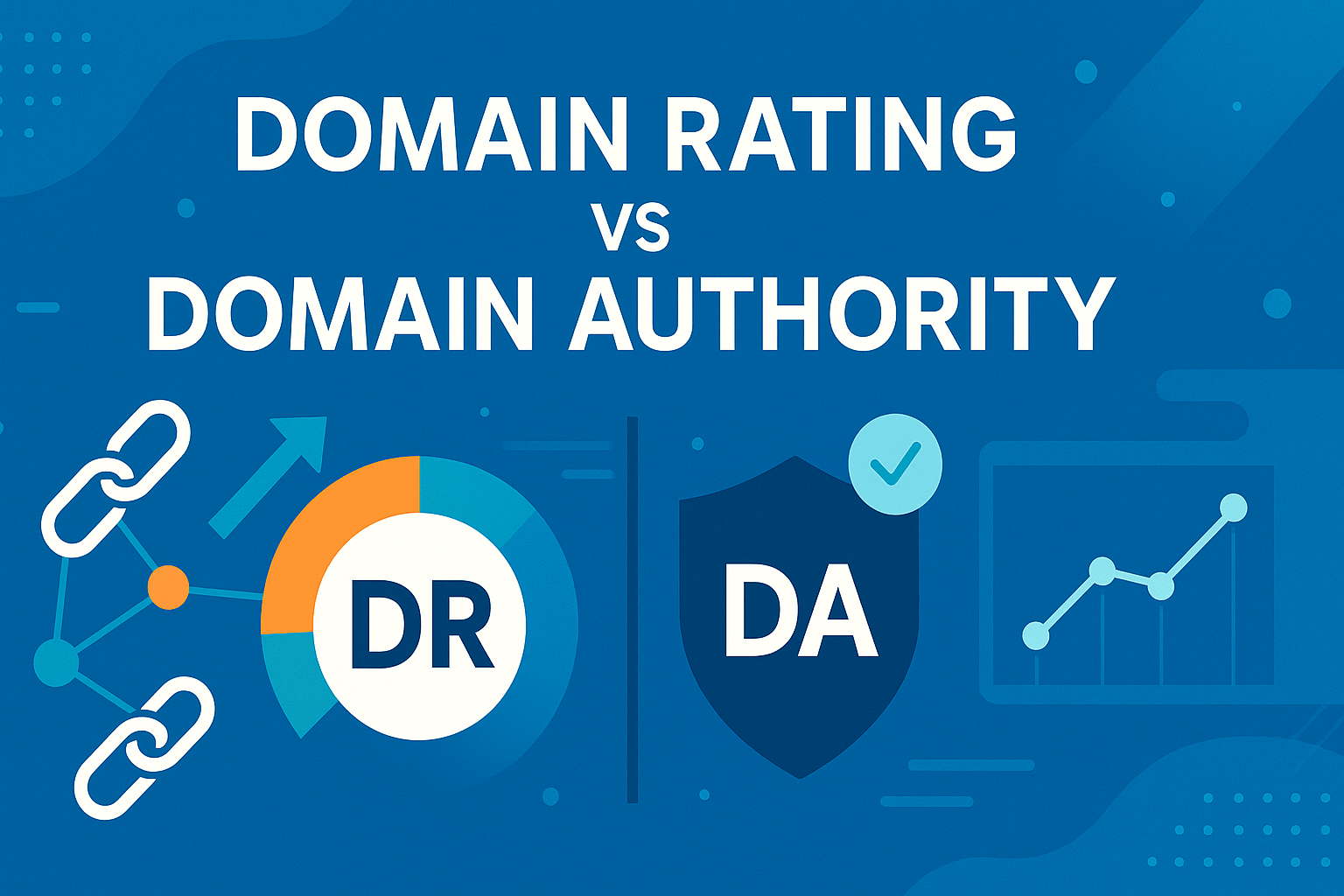 A blue digital banner comparing Domain Rating (DR) and Domain Authority (DA), featuring link icons, a DR metric gauge, a DA shield icon, and an analytics line graph to visually illustrate the differences between the two SEO metrics.
