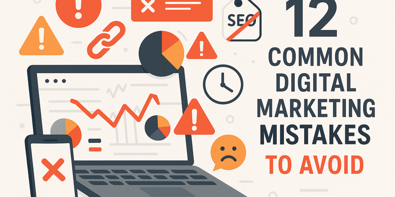 Banner image illustrating common digital marketing mistakes, featuring a laptop and smartphone with declining analytics charts, warning icons, broken link symbols, SEO errors, and alert signs, representing pitfalls businesses should avoid in digital marketing strategies.