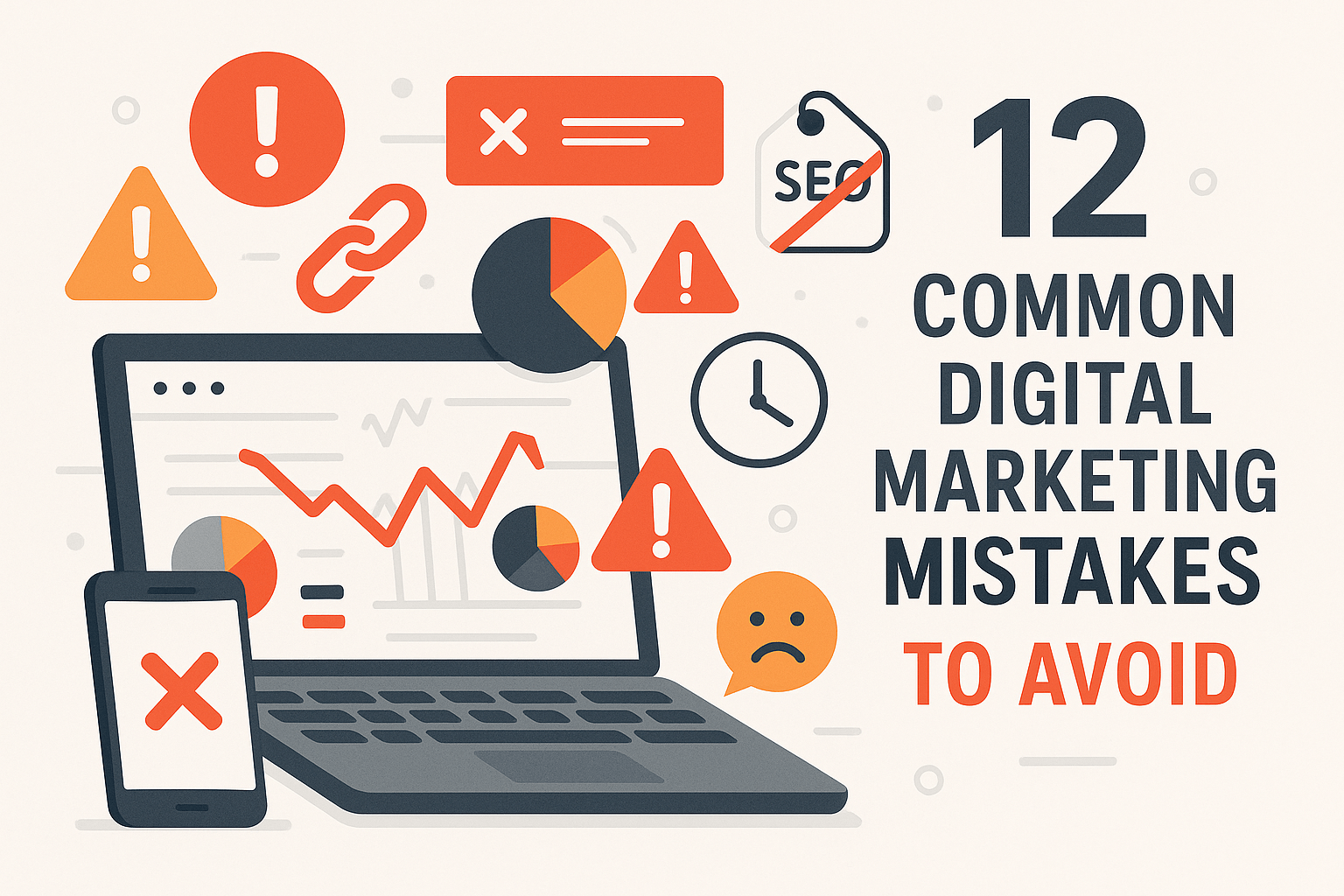 Banner image illustrating common digital marketing mistakes, featuring a laptop and smartphone with declining analytics charts, warning icons, broken link symbols, SEO errors, and alert signs, representing pitfalls businesses should avoid in digital marketing strategies.