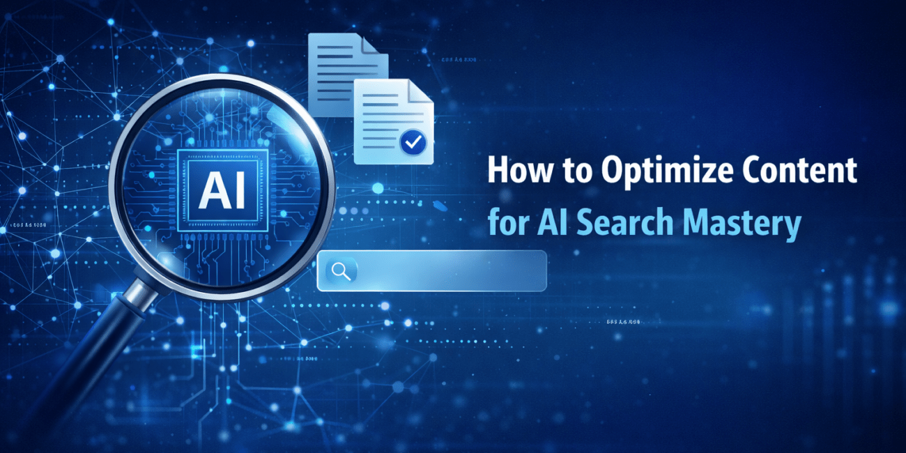 Banner image for “How to Optimize Content for AI Search Mastery,” showing a magnifying glass highlighting an AI chip, connected neural network lines, document icons, and a search bar representing AI-driven content optimisation and search visibility.
