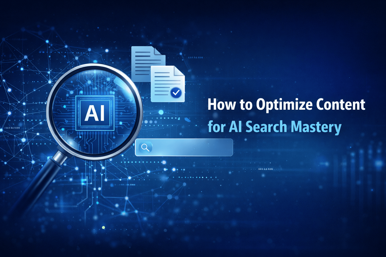Banner image for “How to Optimize Content for AI Search Mastery,” showing a magnifying glass highlighting an AI chip, connected neural network lines, document icons, and a search bar representing AI-driven content optimisation and search visibility.