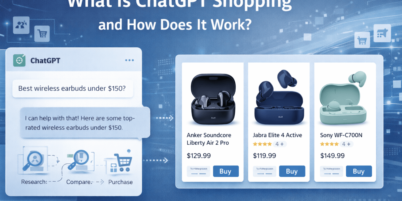 Banner image showing how ChatGPT Shopping works, with a conversational chat interface on the left and AI-recommended products with prices and ratings on the right.