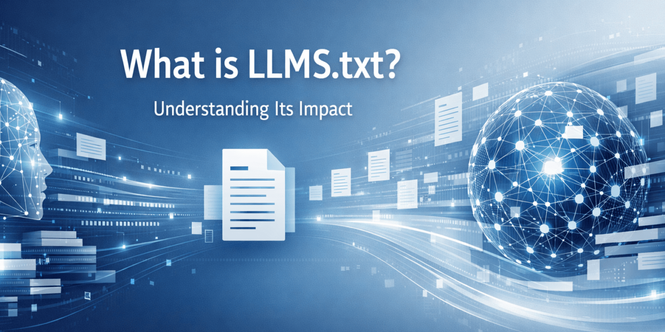 Banner image illustrating LLMS.txt and its impact on AI search, featuring a document icon, data streams, and a neural network representing large language models.