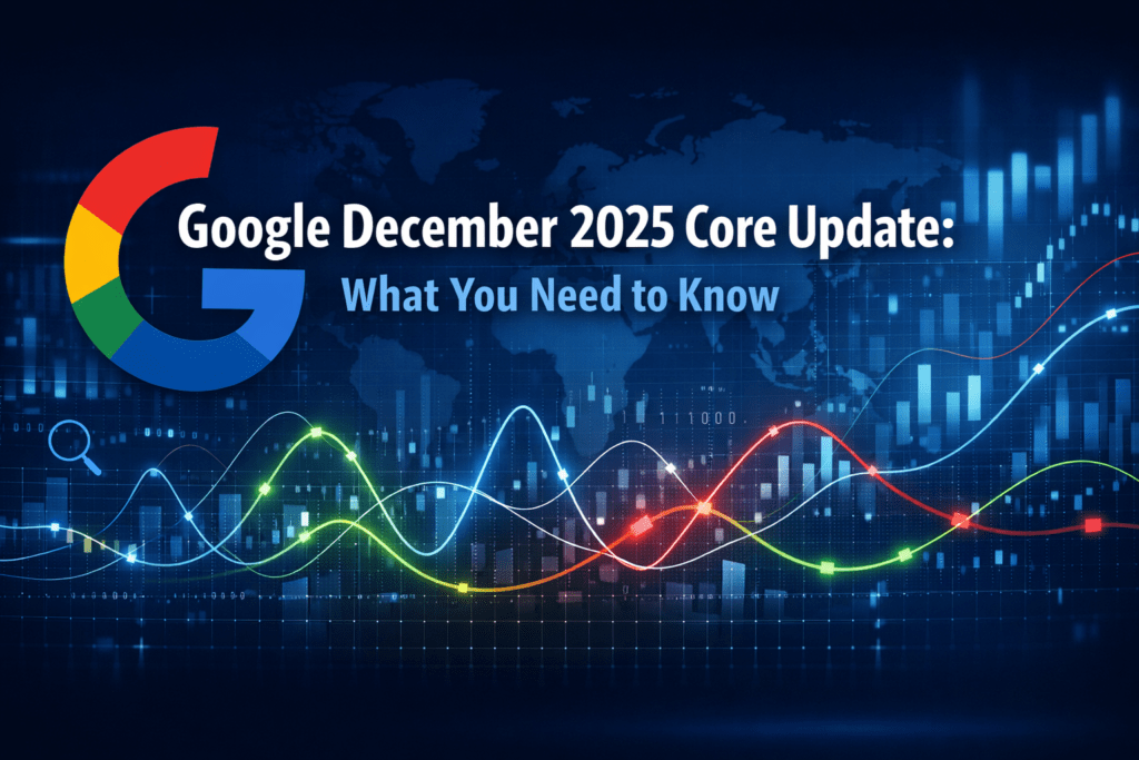 Banner image illustrating the Google December 2025 Core Update, featuring a stylised Google “G” logo, global map background, and fluctuating line charts representing search ranking volatility and algorithm changes.