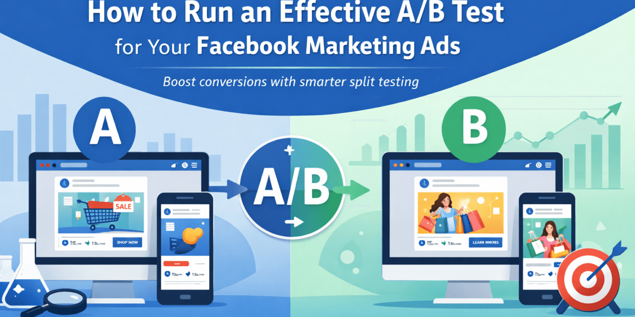 Banner image illustrating A/B testing for Facebook marketing ads, showing two ad variations labeled A and B on desktop and mobile screens, with analytics charts, conversion growth arrows, and a central A/B testing icon representing data-driven ad optimisation.
