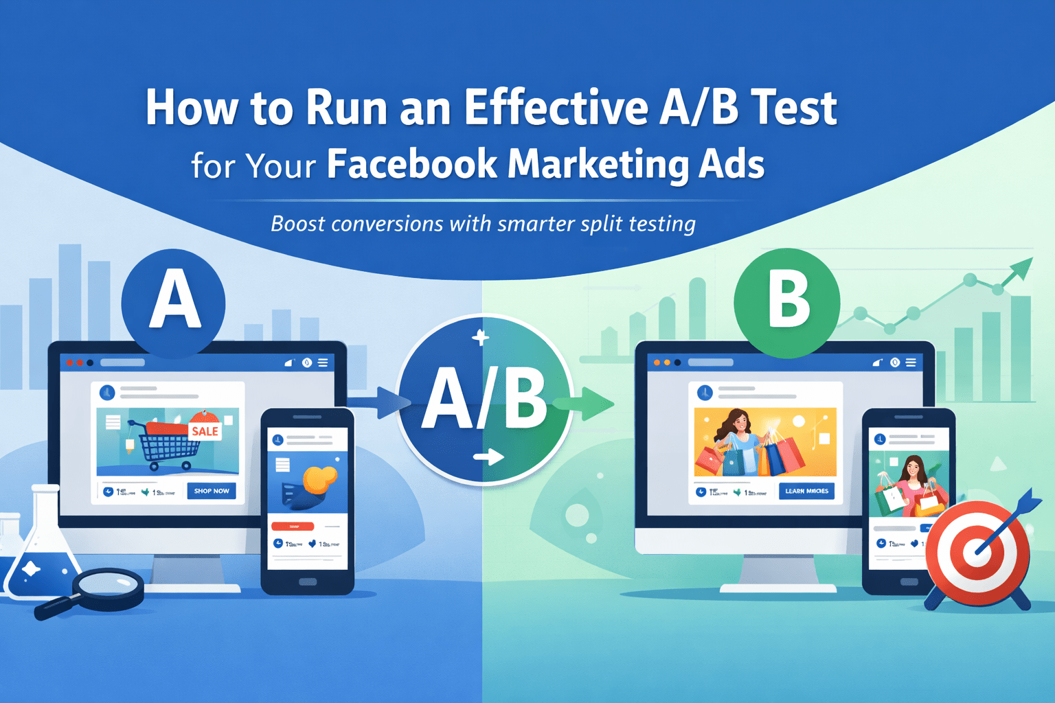 Banner image illustrating A/B testing for Facebook marketing ads, showing two ad variations labeled A and B on desktop and mobile screens, with analytics charts, conversion growth arrows, and a central A/B testing icon representing data-driven ad optimisation.