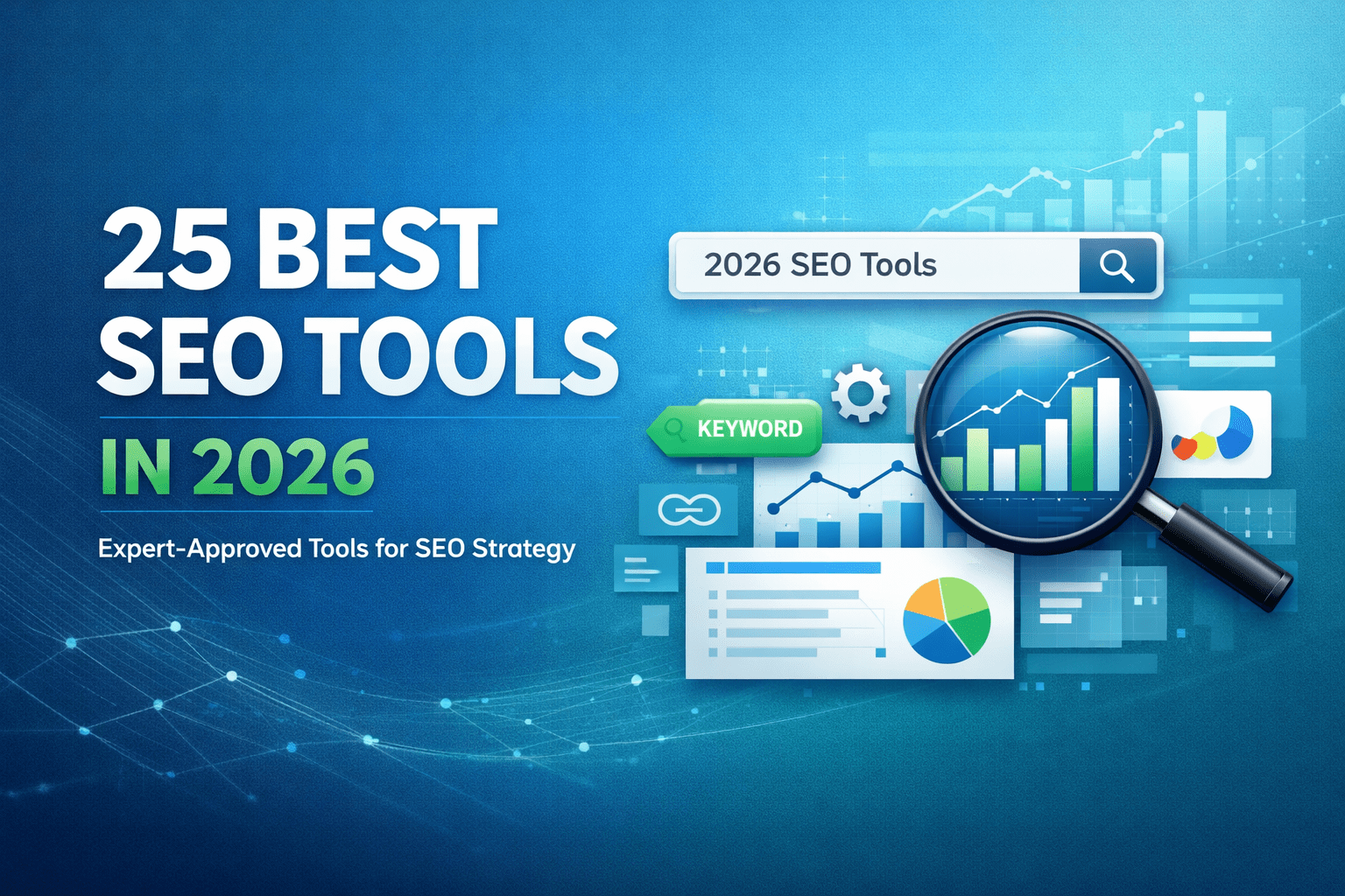 25 Best SEO Tools in 2026 banner featuring analytics dashboards, keyword search, charts, and a magnifying glass representing modern SEO software
