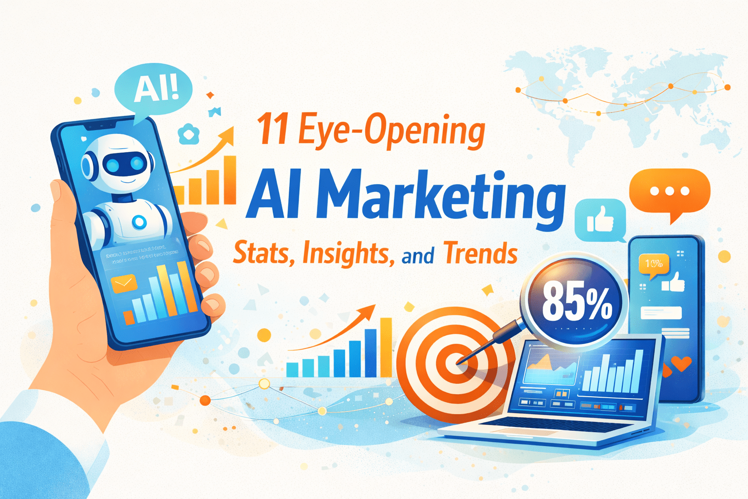 Flat-style banner illustration showing AI marketing insights, featuring simplified charts, growth graphs, and digital marketing icons representing AI-driven trends and data analysis.