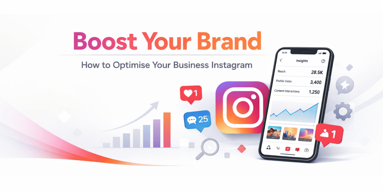 Minimalist Instagram marketing banner showing a smartphone with Instagram analytics, engagement icons, and the headline “Boost Your Brand – How to Optimise Your Business Instagram”.