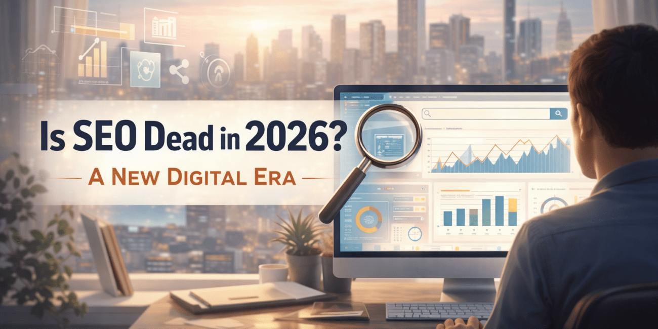 Marketing professional analyzing SEO performance data on a desktop computer with charts and graphs, magnifying glass highlighting a search bar, and city skyline in the background, banner titled “Is SEO Dead in 2026? A New Digital Era.”