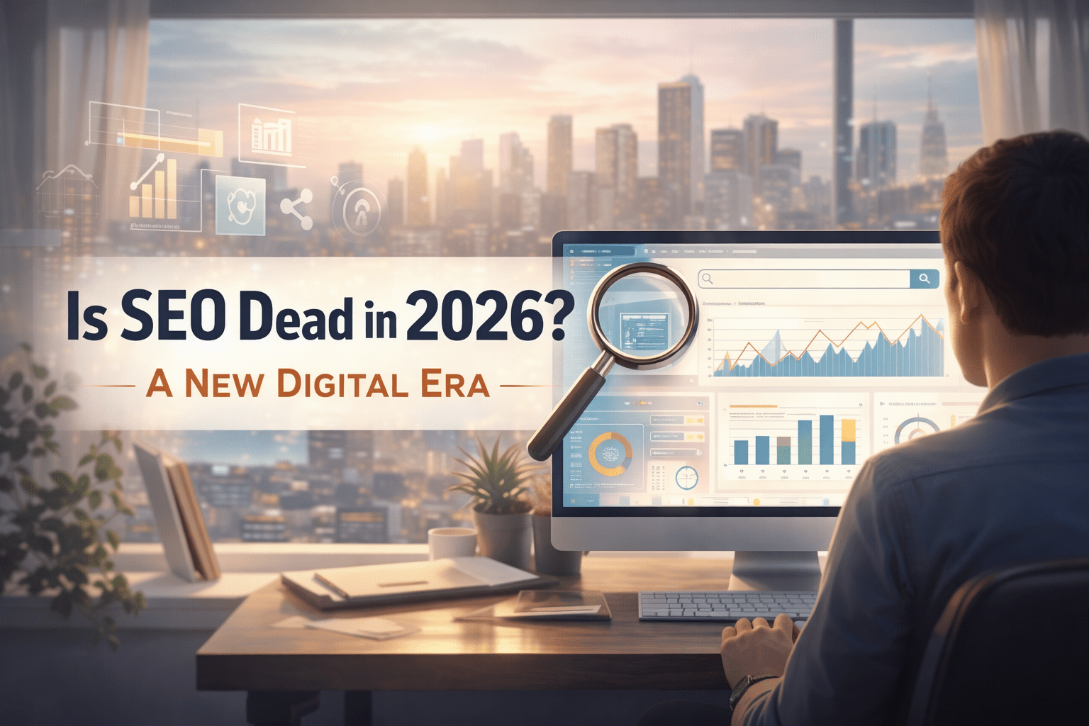 Marketing professional analyzing SEO performance data on a desktop computer with charts and graphs, magnifying glass highlighting a search bar, and city skyline in the background, banner titled “Is SEO Dead in 2026? A New Digital Era.”