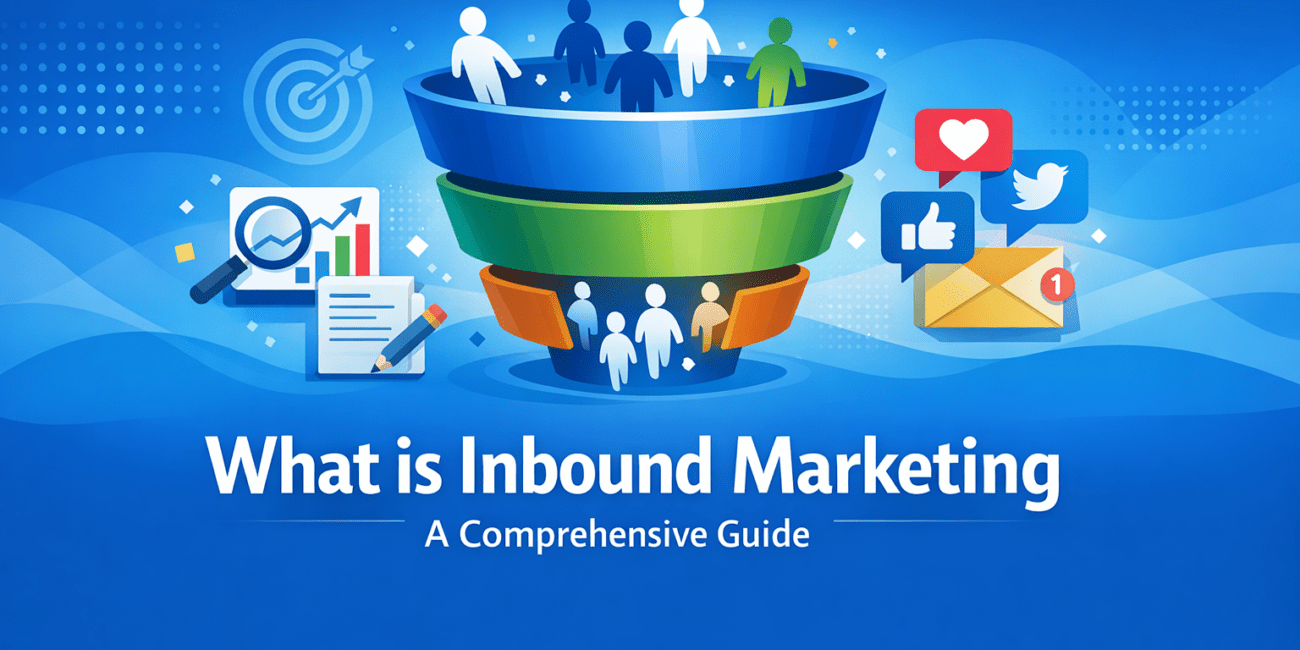 Illustration of a colorful inbound marketing funnel with people entering the top and leads exiting the bottom, surrounded by SEO, content, email, and social media icons on a blue gradient background, with the headline “What is Inbound Marketing – A Comprehensive Guide.”